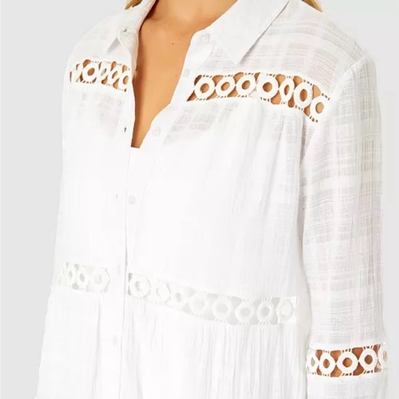 NWT Ibiza Anne ColeWomen's Button Up Bell Sleeve Crochet Trim Cover-Up Tunic - Picture 3 of 8